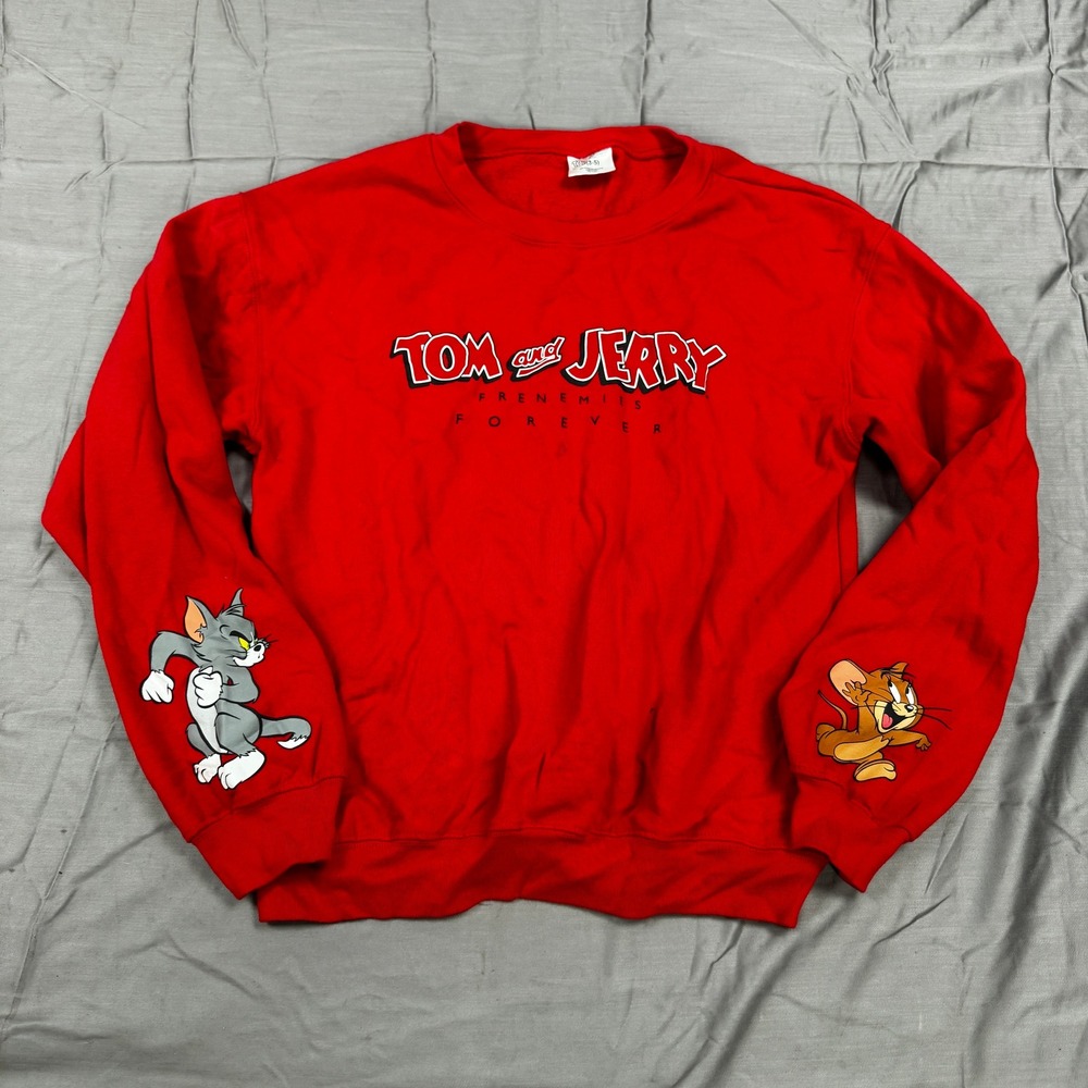 Tom and Jerry Frenemies Forever Red Graphic Sweatshirt Small Cartoon Retro Crew